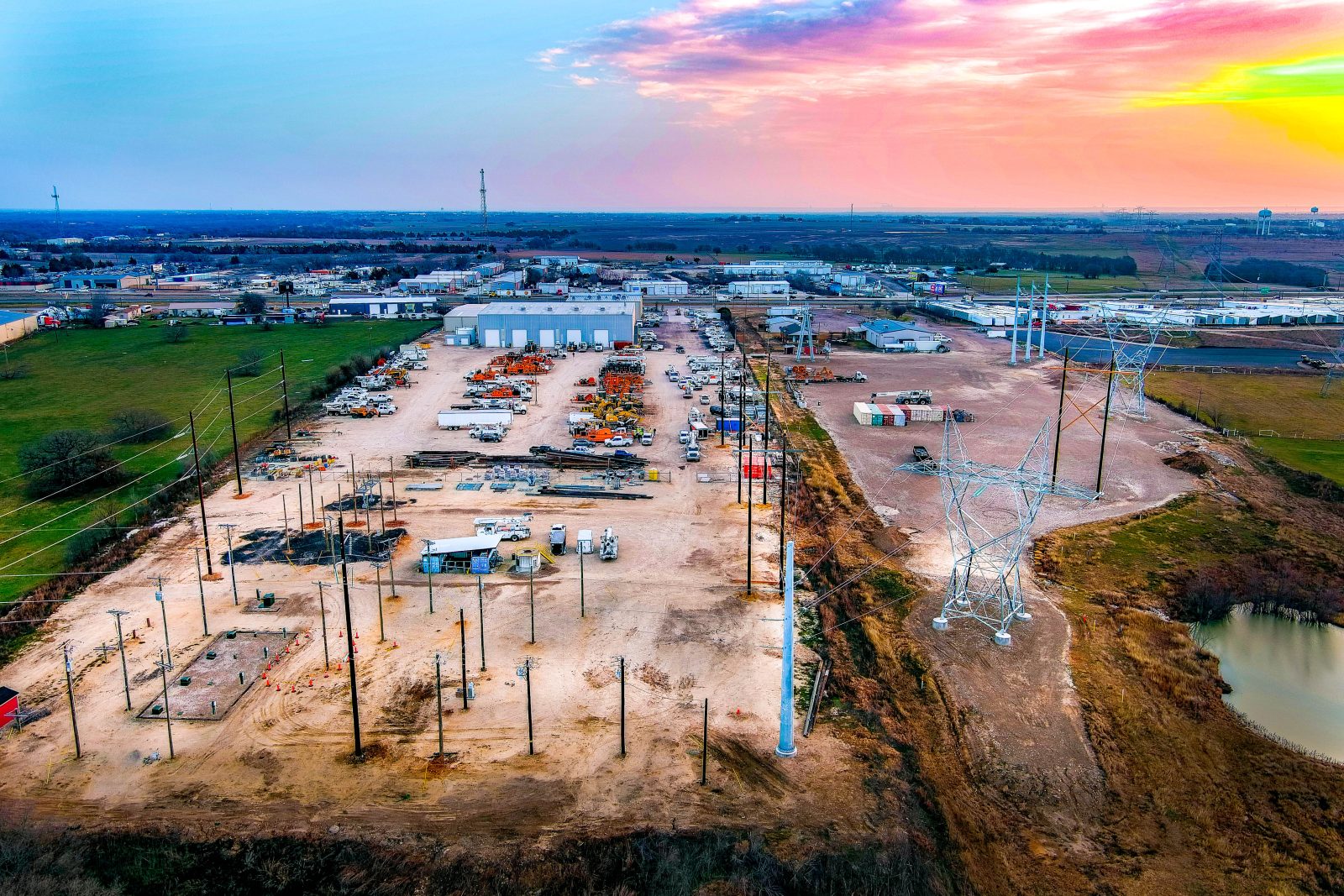 Aerial view of MYR Group's Live Line Academy facility during sunset
